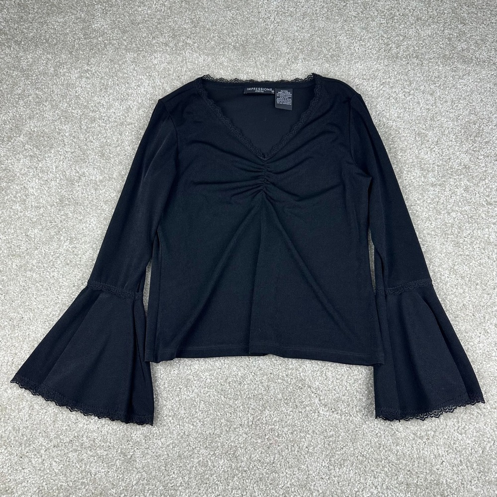 Impressions Black Bell Sleeve Top Petite Small Lace Trim Ruched V-Neck Y2K Goth